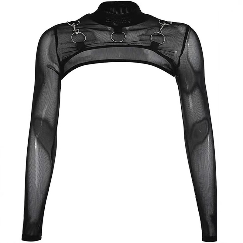 Amazon's Best-Selling Mesh Long-Sleeve Half-High Collar Crop Top with Fishnet Overlay and Buckle Closure, Slim Fit
