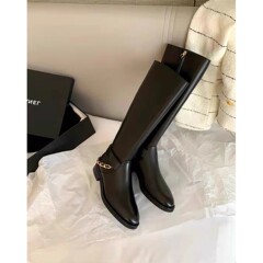 真皮粗跟不过膝长靴女2025年新款小香风链条高筒骑士靴黑色机车靴