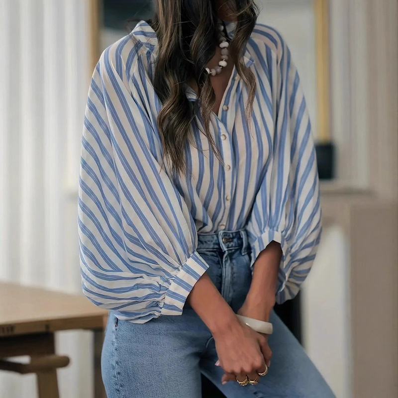 Cross-Border Foreign Trade Fresh Commuter Style Design Cotton and Linen Tops Striped Shirts Feminine Fashionable Style 2025 Spring & Fall