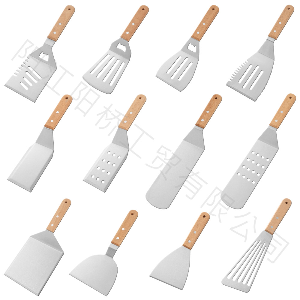 Amazon Hot sale acero inoxidable parrilla herramienta set al aire libre barbecue hierro guisado mango de madera cocinar combinación de cocina de grasa