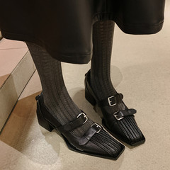 羊皮皮帶扣瑪麗珍鞋女式小皮鞋早春新款復古方頭粗跟中跟單鞋女鞋