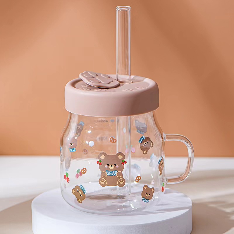 Oso de dibujos animados creativo gran escala de paja vidrio con regalo de mano simple taza de agua lindo de alto aspecto Internet Celebrity Cup