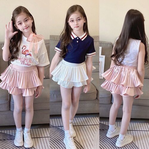 Sweet and Fluffy Children's Skirt Set, Half-length Skirts for Girls, Pleated Cake Short Skirts, White and Pink Short Skirt Outfits