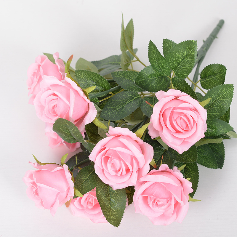 9-cabeza Rosa flor artificial ramo hogar Decoración de la boda Rosa artificial pequeña venta al por mayor de París