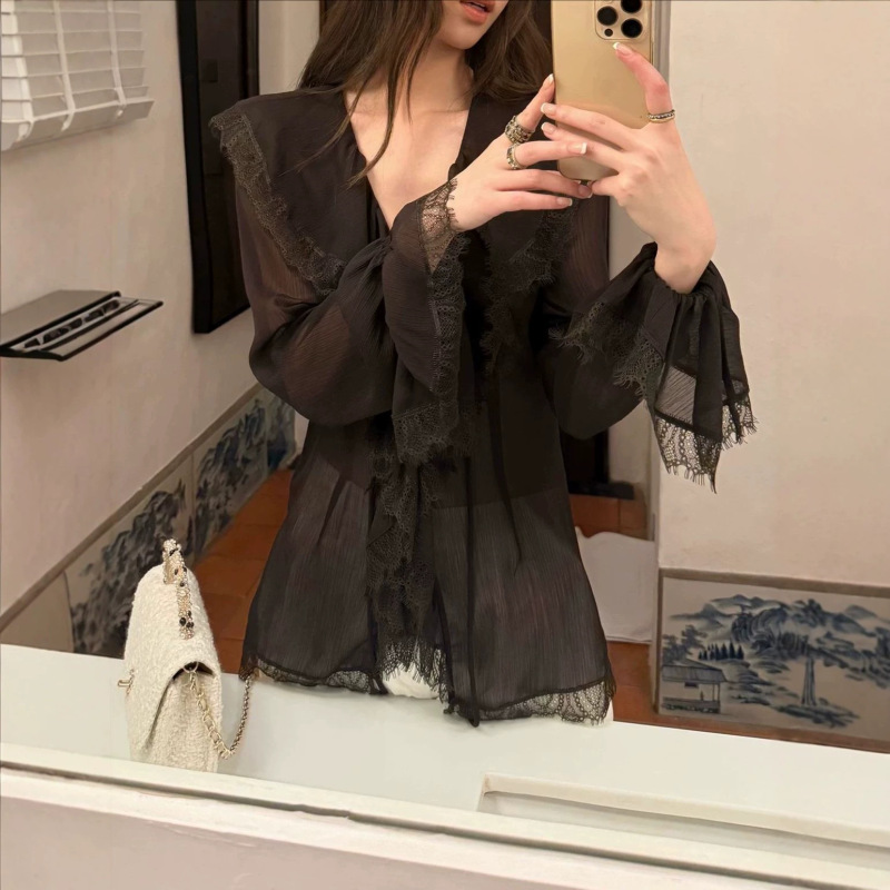 Gakee Officil French Lace V-Neck Chiffon Shirt for Women Spring and Summer Textured Ruffle Shirt