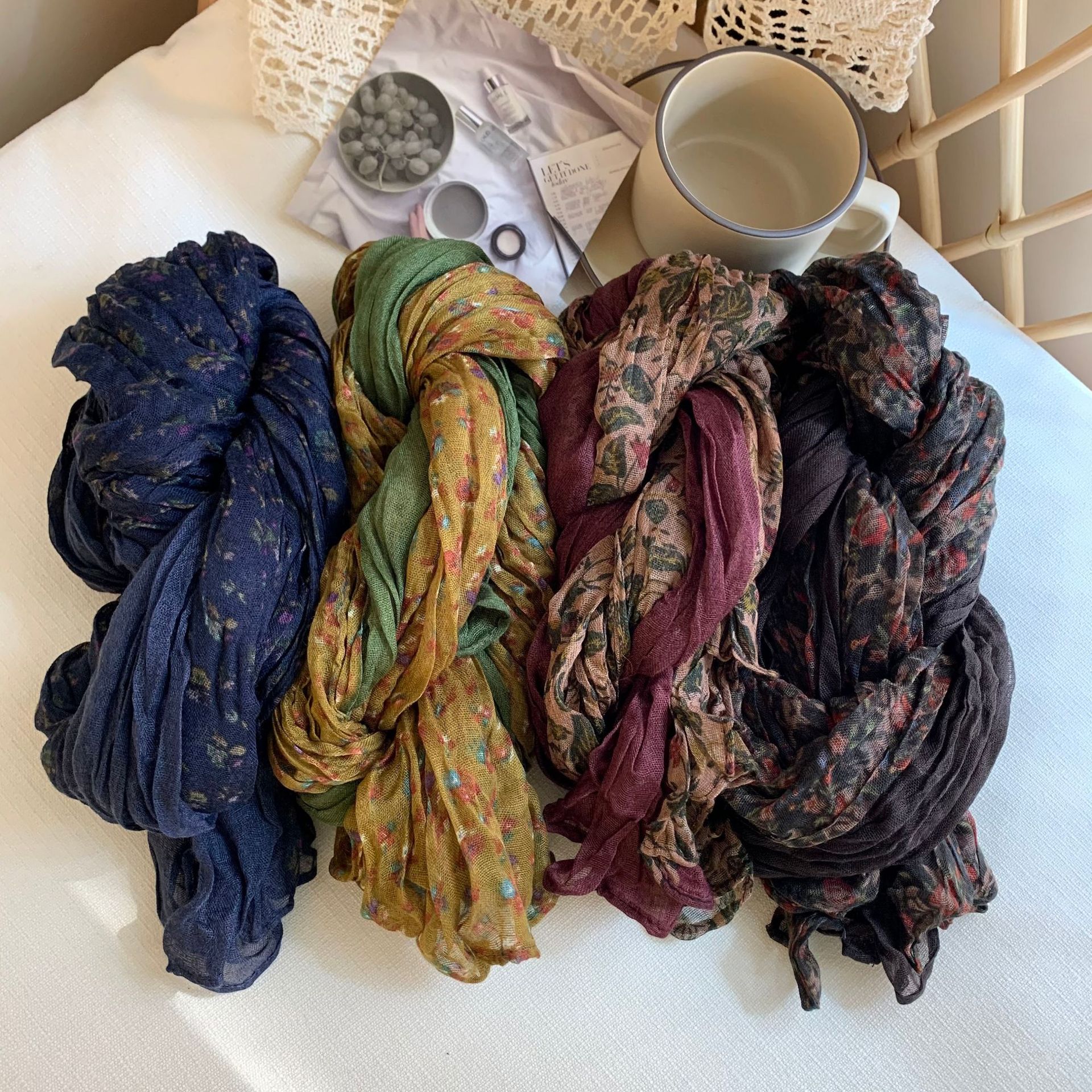 250g Weight Scarf Classification Women's Casual Flower Cotton And Linen Printing Scarf