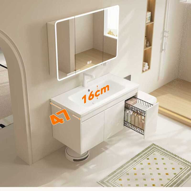 Mao Tao Cream White Bathroom Cabinet Set, All-Aluminum Honeycomb with Pull-Out Storage Basket, Integrated Ceramic Washbasin for Bathroom
