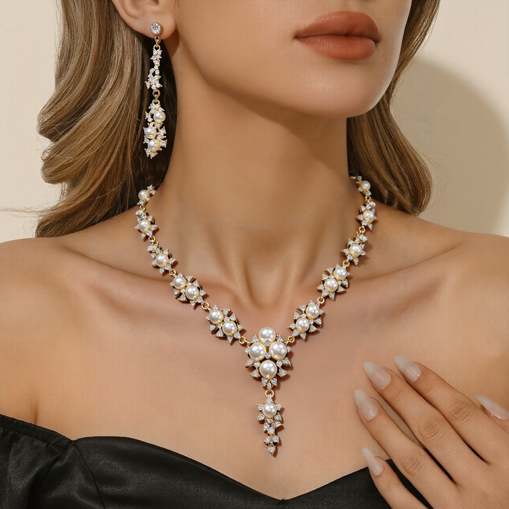 New European and American style pearl necklace set for women, a light luxury, niche, versatile bridal gown accessory, clavicle chain, alloy.