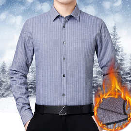 2024冬季新款男式羽绒衬衫中年长袖商务休闲加厚保暖免烫条纹衬衣