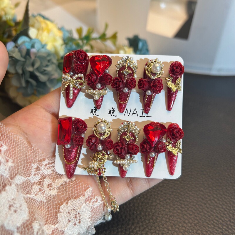 New Heavy-Duty Handmade Accessories Wedding Nail Jewelry Pure Handmade Material Red Manicure Butterfly Wearable Removable Nails