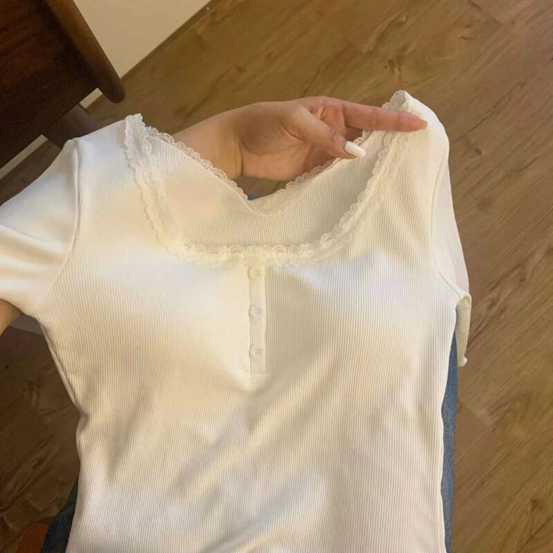 Pure Dew Collarbone Pure Desire Lace Round Neck Long-Sleeved Shirt for Women with Breast Pads Slimming Look and Warm Bottoming Shirt