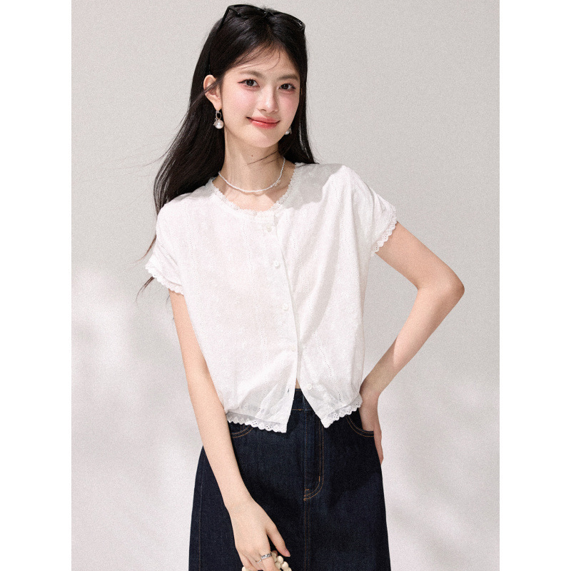 Shipped Now: Fresh and Simple Jacquard Hollow Lace Short-Sleeve Shirt for Women, Petite Short Style, Round Neck Design Top for Summer