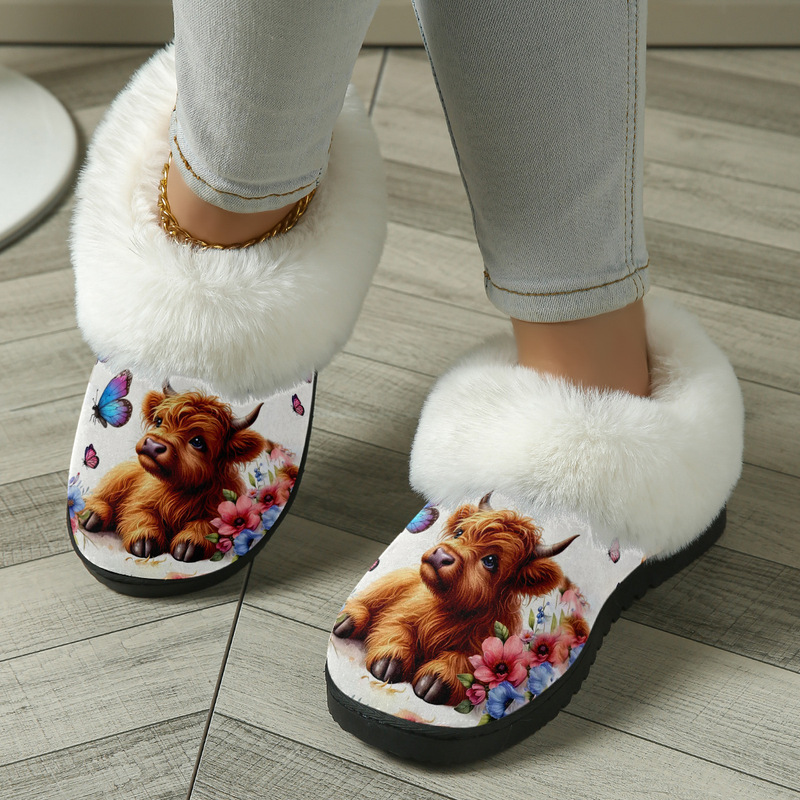 Cross-Border Exclusive Supply of Cotton Slippers with Highland Cow Pattern Print for Men, Autumn and Winter Couple Slippers, Pod Cross-Border Jit One-Piece Dropshipping