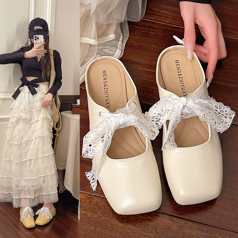 Женские закрытые мюли в французском стиле, новые босоножки Мэри Джейн с низким каблуком и кружевным бантом, весна/лето 2025 года.