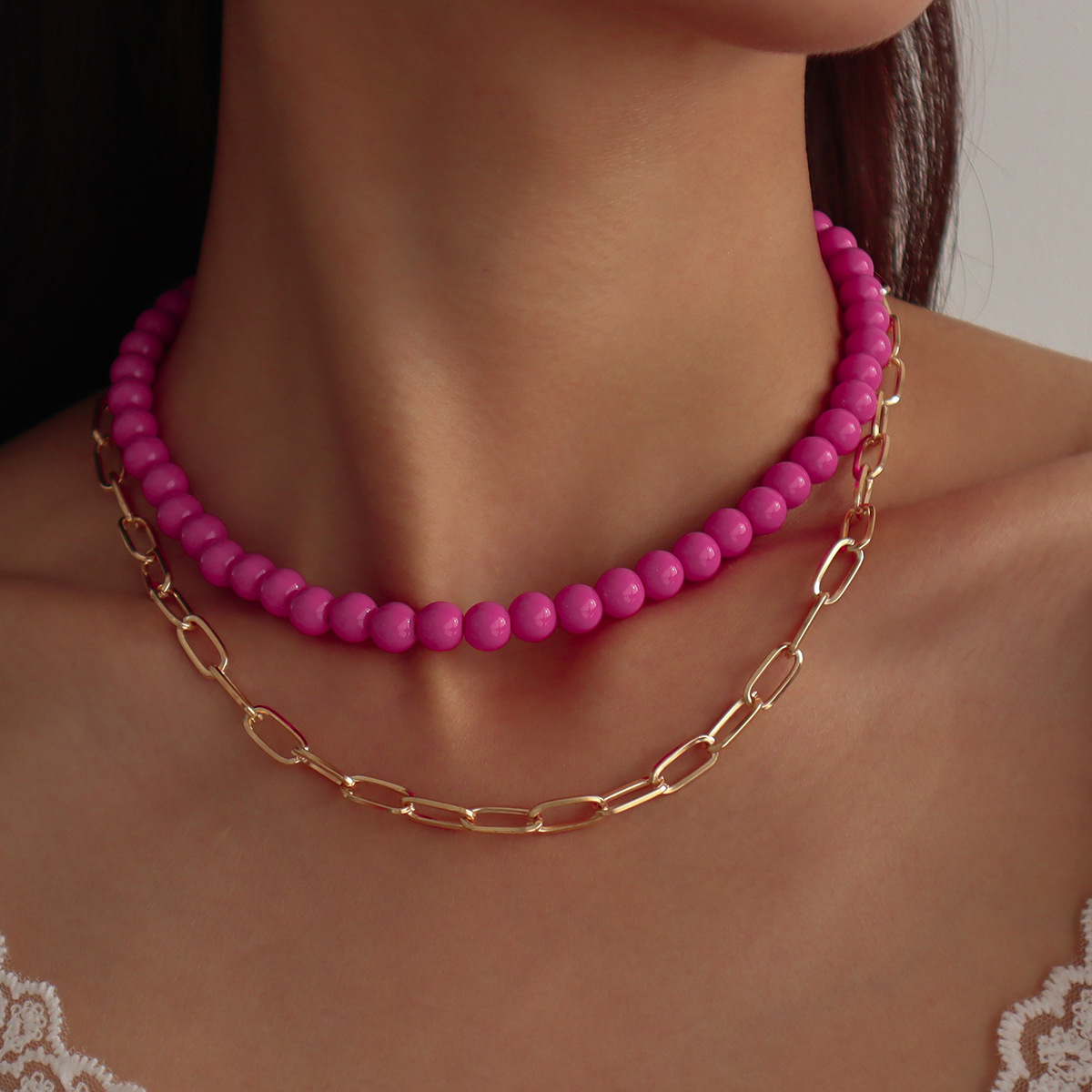 Double-layer Necklace Beaded Simple Punk Necklace Creative Fashion Short Collarbone Chain display picture 1