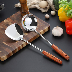 Wholesale Retro Wooden Handle Stainless Steel Ladle Soup Spoon Household Kitchenware Wok Spoon Cooking Spatula Set Stir-Frying Spatula