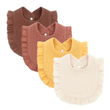 2025跨境欧美荷花边口水巾纯色纱布婴儿围兜双层宝宝吸水防污批发