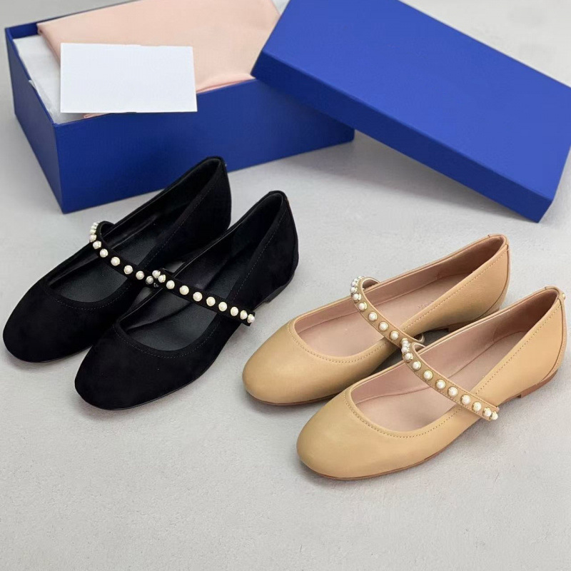 莞货鼎版SW25新款真皮圆头浅口玛丽珍鞋女串珠扣带平底单鞋