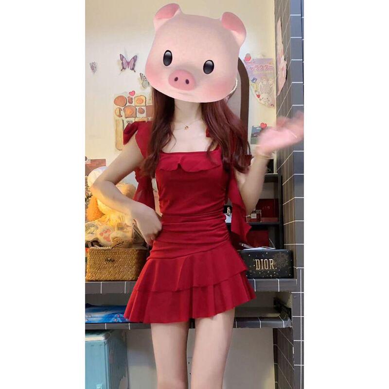 French Sweet Hottie Red Square Neck Ribbon Dress Women's Summer New Irregular Mesh Suspender Hip Skirt French Sweet Hottie Red Square Neck Ribbon Dress Women's Summer New Irregular Mesh Suspender Hip Skirt