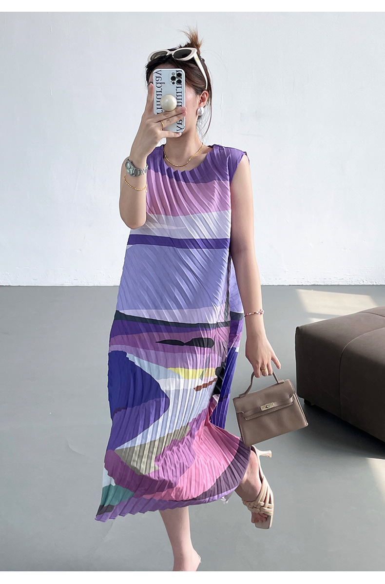 Váy maxi xếp ly in họa tiết hai dây dáng rộng thanh lịch — Màu xanh lam chi tiết 12
