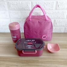 简约便携酱料碟便当盒塑料饭盒保温袋水杯套装可微波配勺叉便当盒