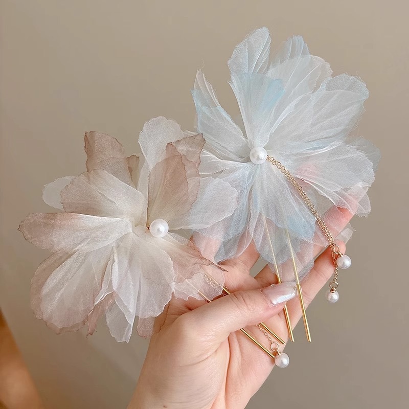 超仙雪纺花朵发簪新中式气质珍珠流苏U型头簪女2024新款古风发饰-阿里巴巴