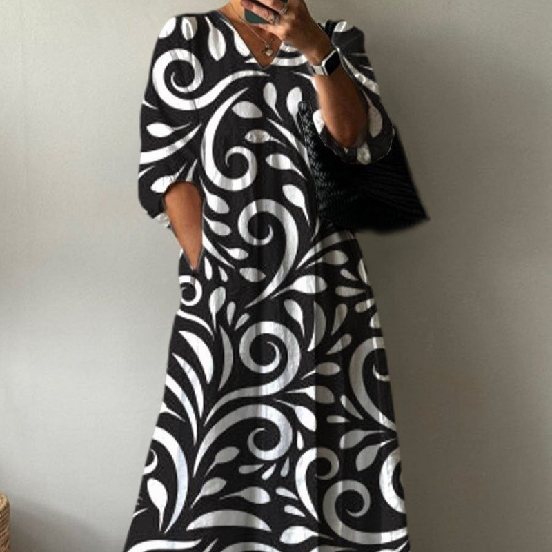 2025 Amazon Hot-Selling Fashion and Stylish European and American Style Printed V-Neck Long Dress 2025 Amazon Hot-Selling Fashion and Stylish European and American Style Printed V-Neck Long Dress