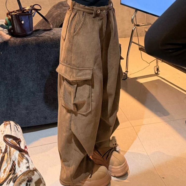 American Retro Brown Corduroy Work Pants for Women, New Winter Street Style, Heavy-Duty Loose Wide-Leg Pocket Casual Pants American Retro Brown Corduroy Work Pants for Women, New Winter Street Style, Heavy-Duty Loose Wide-Leg Pocket Casual Pants