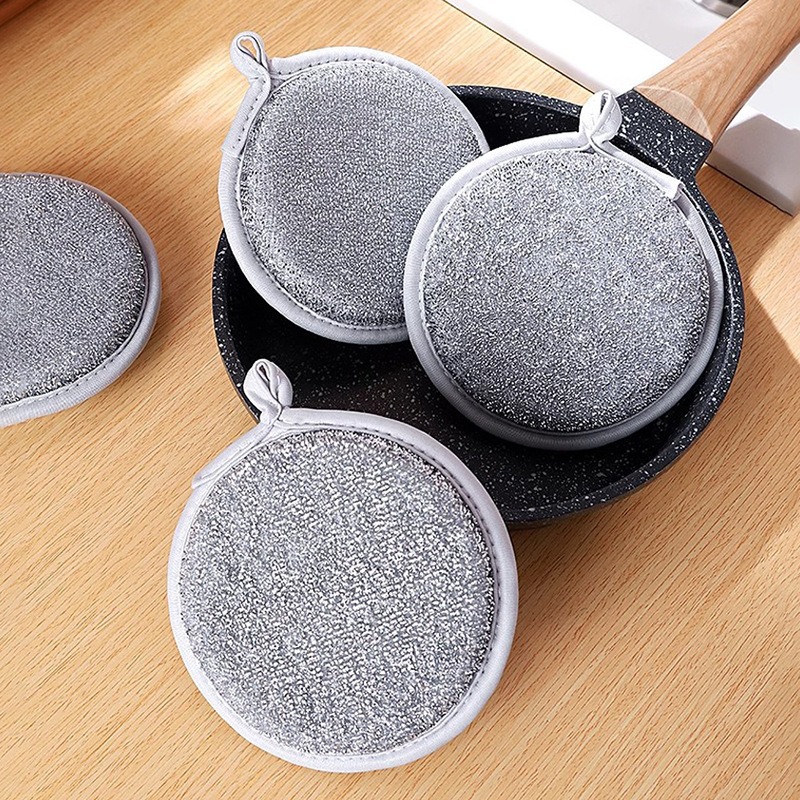 Double-Sided Silver Fiber Round Sponge for Washing Dishes, Household Kitchen Cleaning Cloth for Removing Grease