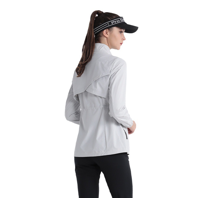 Áo khoác golf nữ cổ đứng chống nước, eo thắt dây, phù hợp mùa thu đông — YF619-màu xám nhạt, YF619-Đen, YF619-màu trắng
