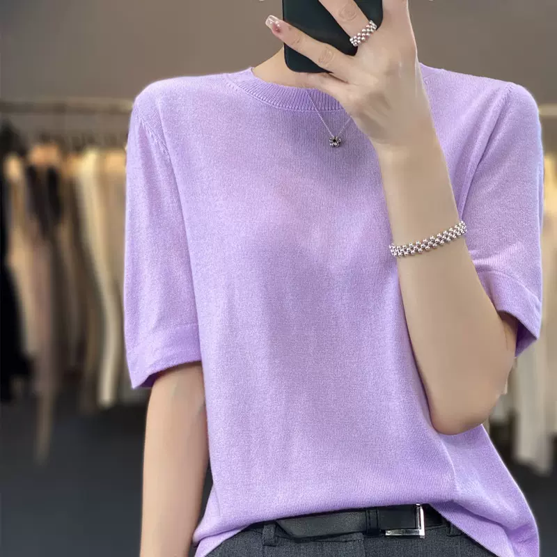 春夏新款精纺14针织超薄羊毛针织衫圆领纯色短袖女T恤25夏季新款