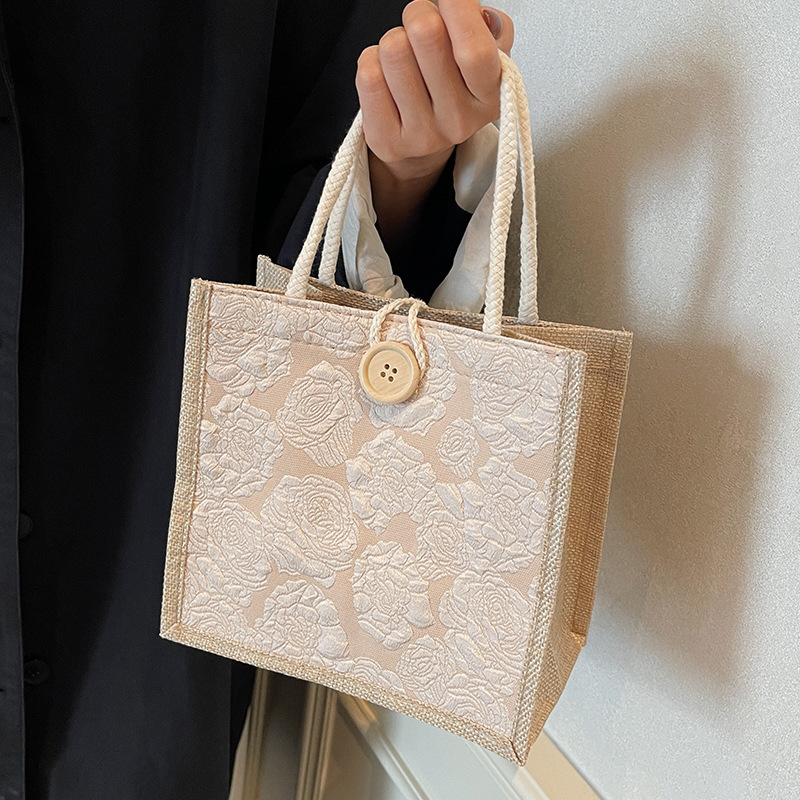Ins Handbag Linen Bag Women's Outing Hand Lunch Box Lunch Bag Bag Women's 2024 Popular Small Work Bag