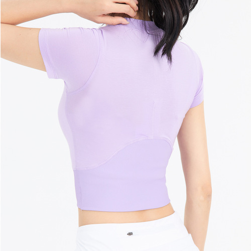 Lulu Casual Ribbed Crew Neck Yoga Top for Women Crop*ed Revealing Breathable Modal Crossbody High-Waisted Short Sleeve T-shirt