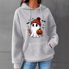 外国貿易秋冬レディース新作ワッフルフード付き長袖ハロウィンプリントスウェットシャツ、ゆったりとしたヨーロッパとアメリカのクロスボーダーサイズ