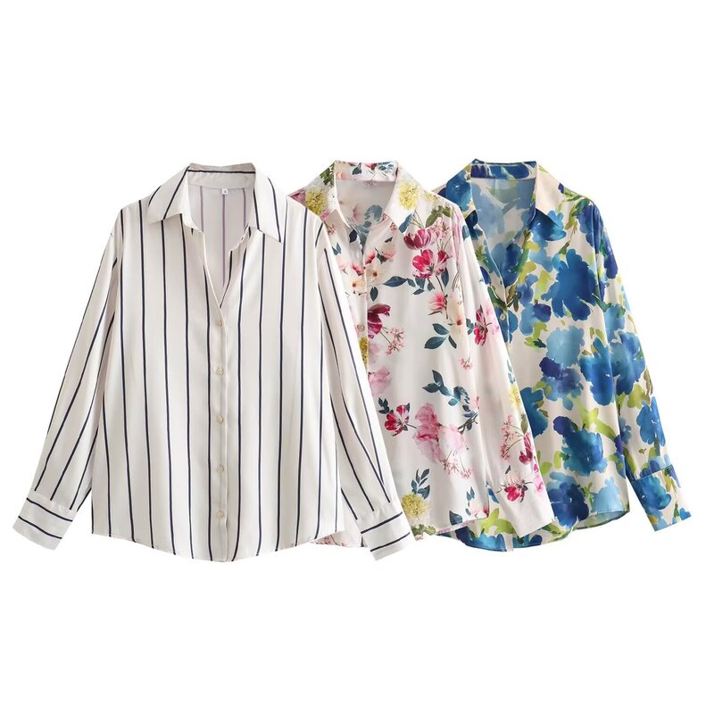 Winter European and American Clothing European and American Style Fashion Versatile Silk Satin Texture Printed Shirt