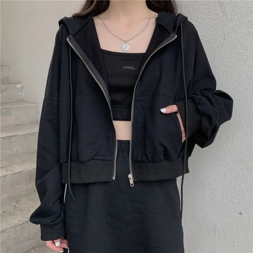 Women's New Korean Style Short-Sleeve Thin Hooded Sweatshirt with Zipper, Solid Color Long-Sleeve Top, Trendy One-Piece Outerwear
