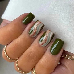 Flashy line military green solid nail art medium-length European square colorless fake nail stickers, fresh and trendy, white-tinting stylish nail art pieces