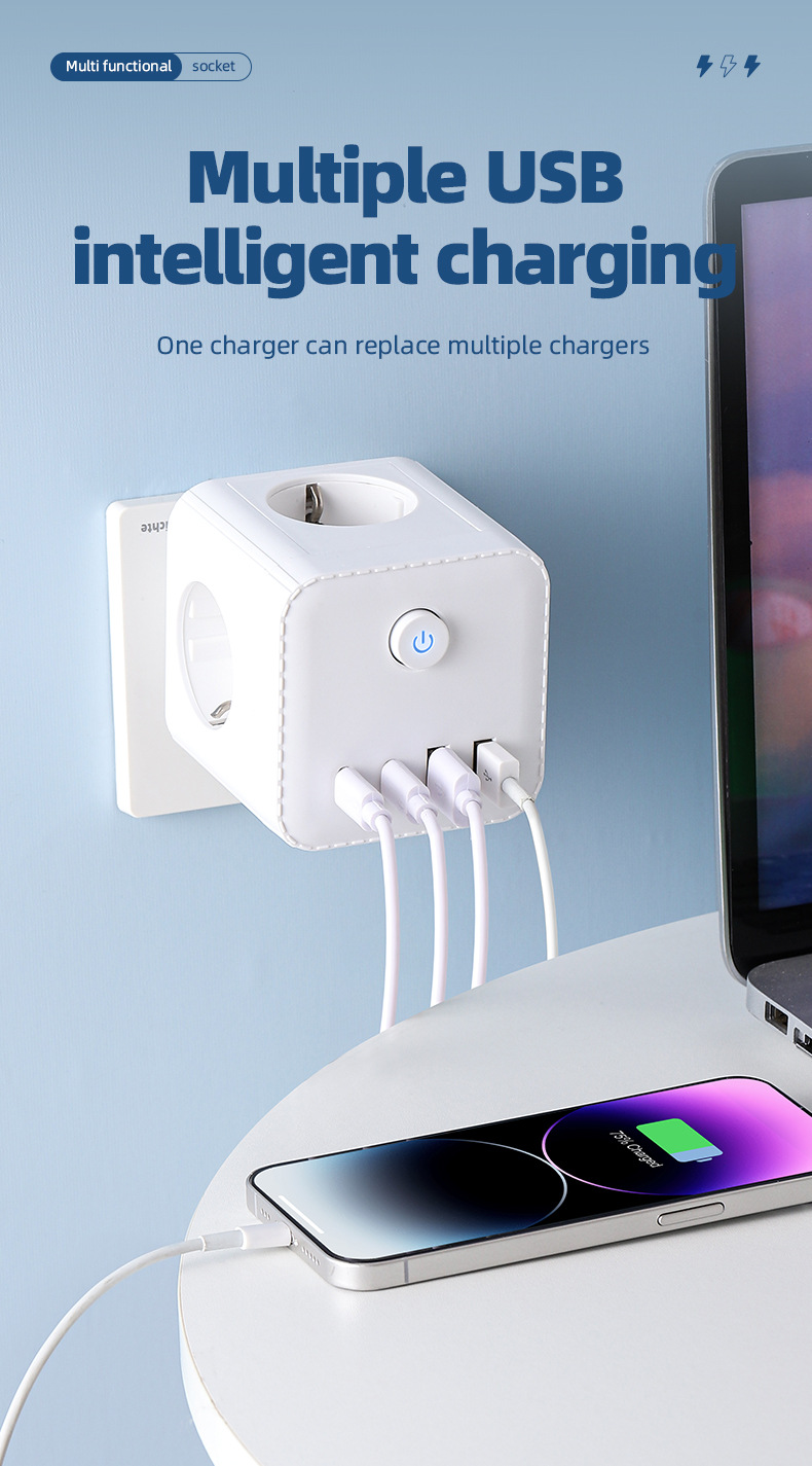 European Standard USB Cube Socket With Night Light/time Display/converter, Compact Multi-functional Power Strip For Home_voghion.com