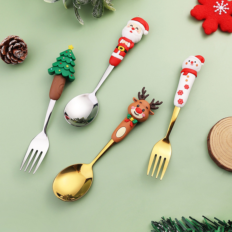 新しいクリスマス人形スプーンとフォークかわいい楽しいサンタクロースクリスマスツリーゴールデンクリスマスフォークとスプーン食器セット|undefined