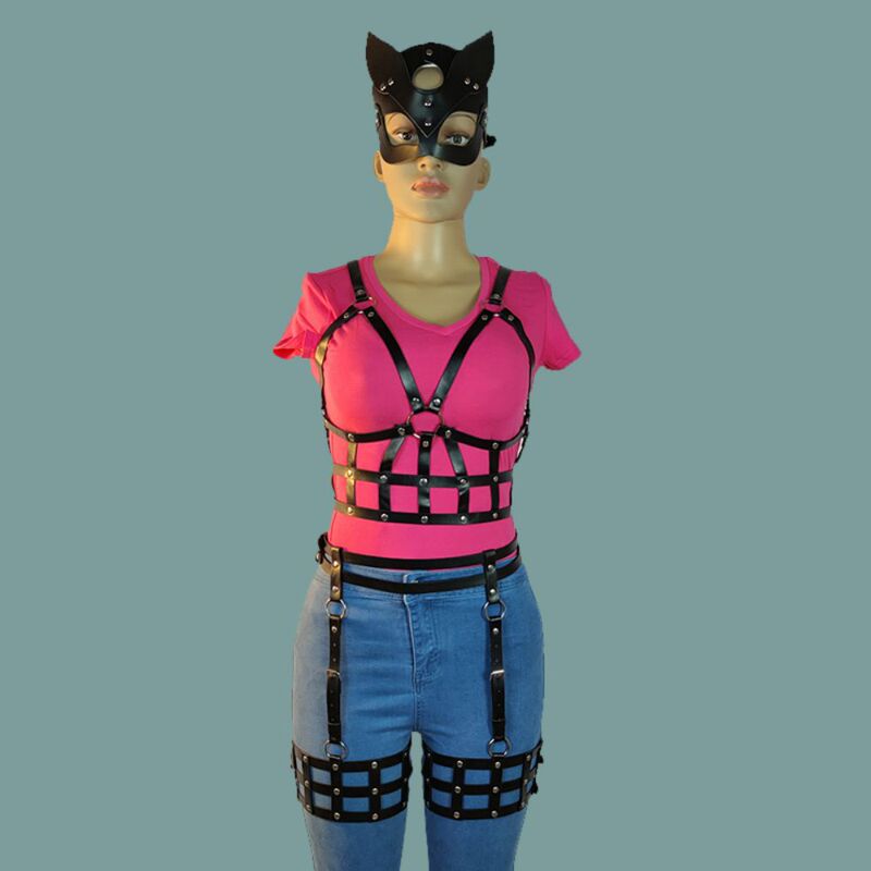 Adult sm sex toys nightclub party costume suit leather bondage band mask fun suit 3-piece set