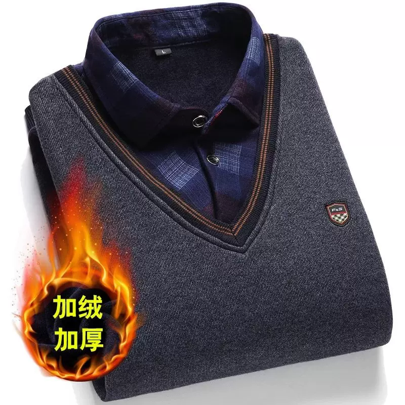 爸爸秋冬装毛衣男士假两件套针织衫加绒加厚保暖衣服中老年人男装