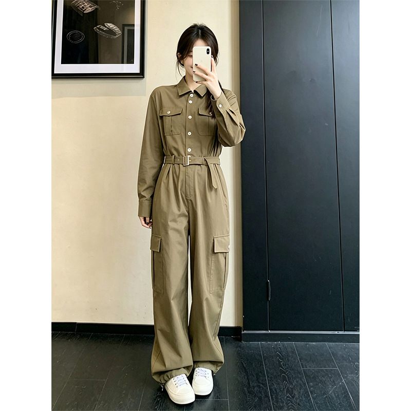 American retro jumpsuit for women, early autumn new style, slimming and sexy, waist-cinching wide-leg pants, salty style outfit set
