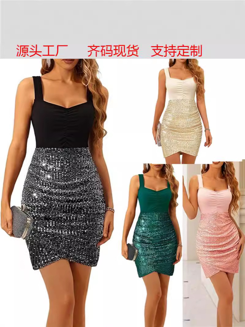 Europäisches und amerikanisches grenzüberschreitendes neues zweiteiliges, eng anliegendes, mit Hosenträgern besetztes, ärmelloses Party-Clubkleid mit V-Ausschnitt und Rüschen