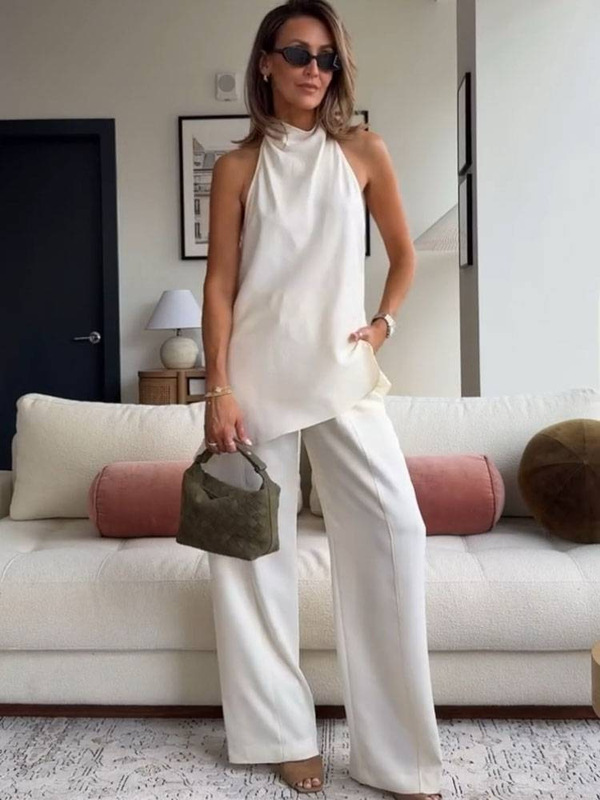 夏の新作婦人服、欧米風シルクサテン風ホルターネックトップスと柔らかいワイドパンツのセット、越境卸売|undefined