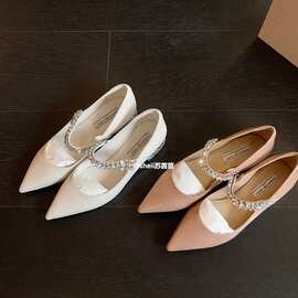 牛皮版~绝美小跟鞋真皮水钻粗跟单鞋女春尖头鞋玛丽珍平底鞋瓢鞋