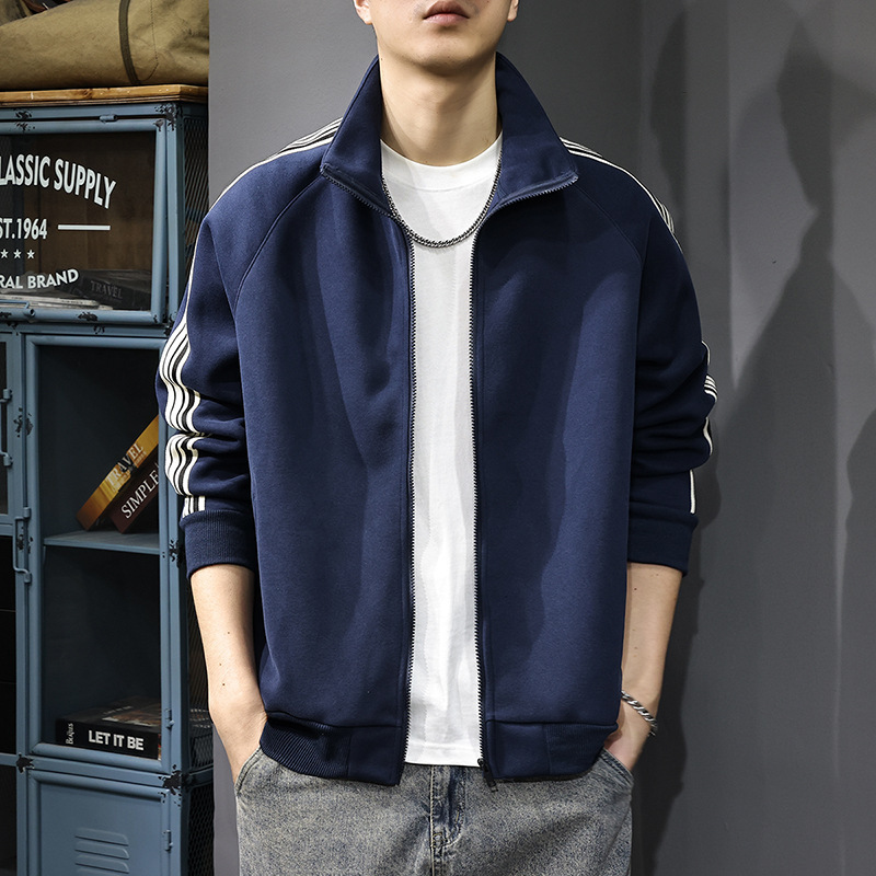 Autumn American Style Retro Collar Cardigan Sweater Men's Heavy Loose plus size Jacket Striped Sports Casual Jacket Trendy Autumn American Style Retro Collar Cardigan Sweater Men's Heavy Loose plus size Jacket Striped Sports Casual Jacket Trendy