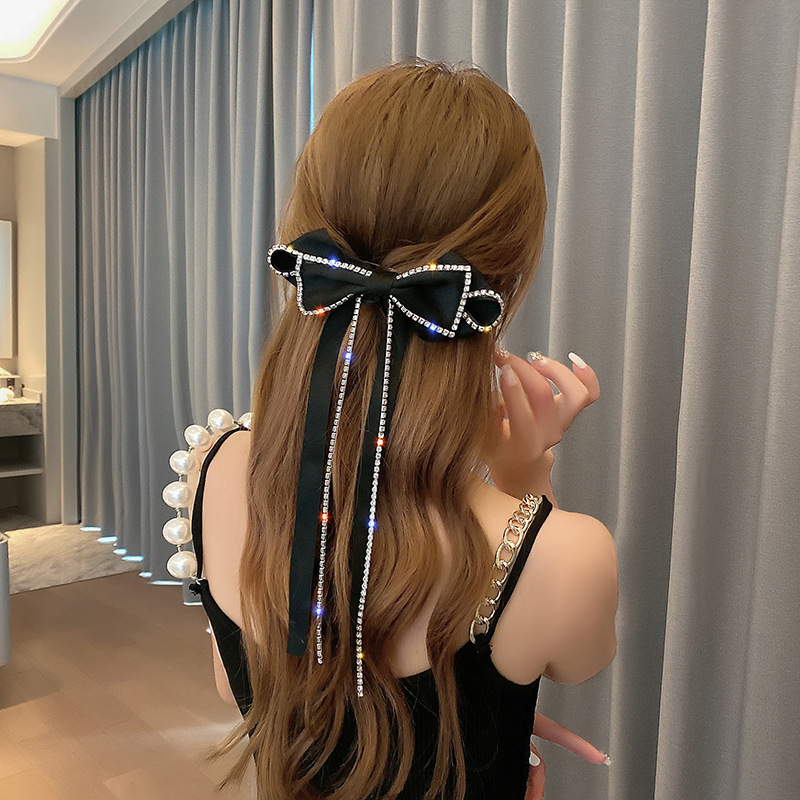 Bowknot rhinestone hair band tassel hairpin black super fairy hair top clip clip hairpin female south Korean  tire