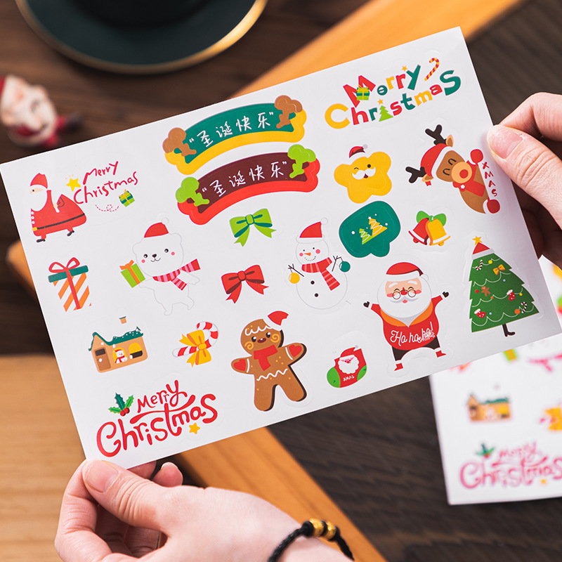 2022圣诞节手绘贴纸卡通可爱烘焙礼物盒包装袋子圣诞配饰不干胶