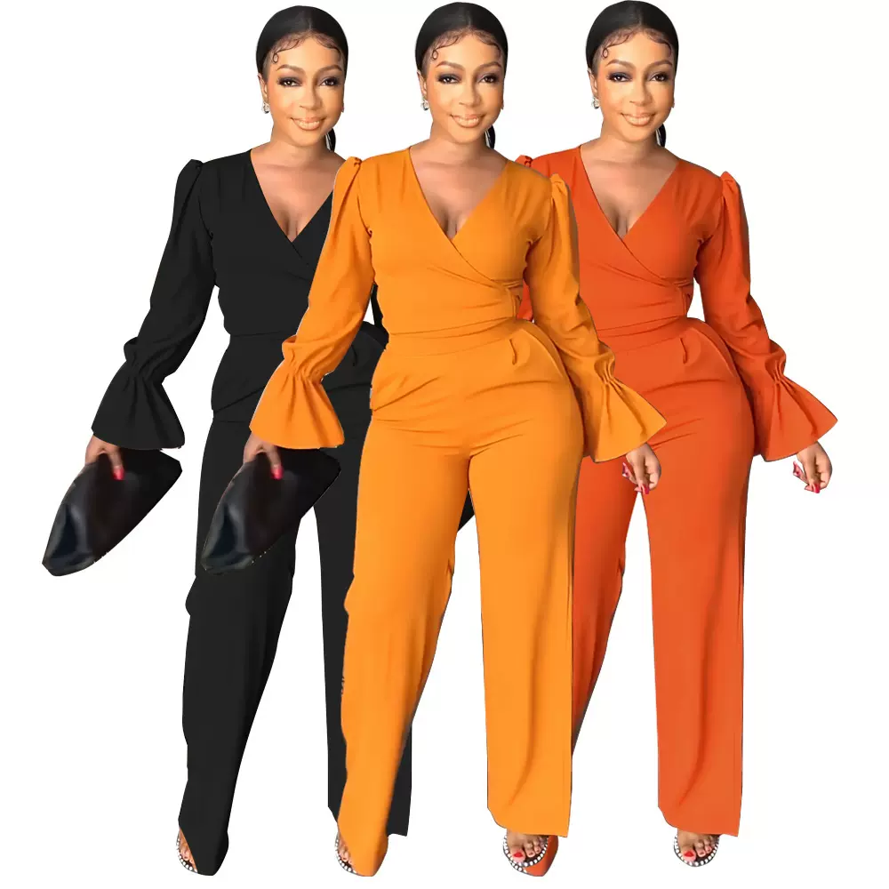 9835 跨境欧美亚马逊V领时尚喇叭袖高腰阔腿长裤休闲两件套