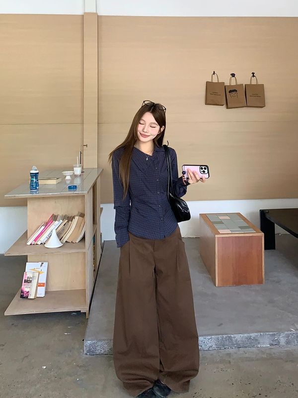 蓝色格子翻领长袖衬衫女秋季设计感收腰褶皱衬衣修身显瘦气质上衣|undefined